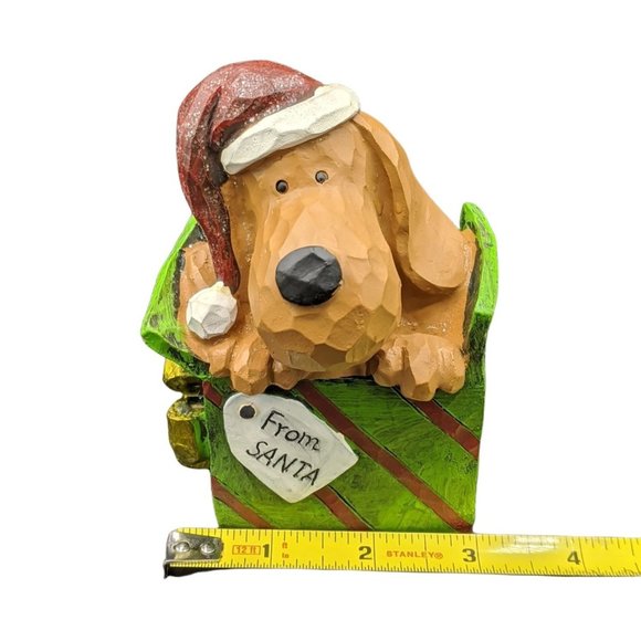Christmas Puppy Dog wearing a Santa Hat Present From Santa Resin Xmas Figurine - Picture 4 of 8